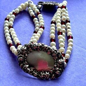 T Foree handmade sterling garnet faux pearl 3 strand bracelet 7” long